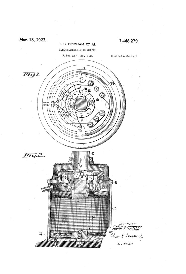 US patent 1,448,279 (1923): electrodynamic receiver, the Magnavox moving-coil driver
