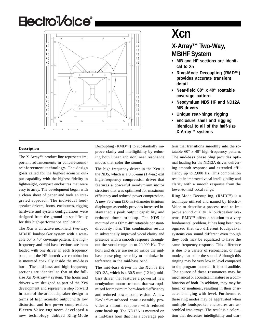 Electro-Voice X-Array Xcn manufacturer engineering sheet with cabinet drawing