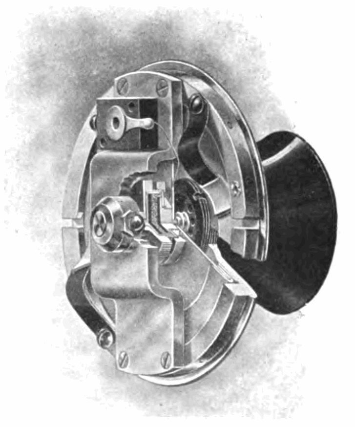 Cutaway drawing of a carbon-button transmitter (Van Deventer, 1910s)
