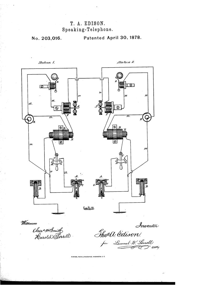 US patent 203,016 (1878): speaking-telephone (carbon transmitter)