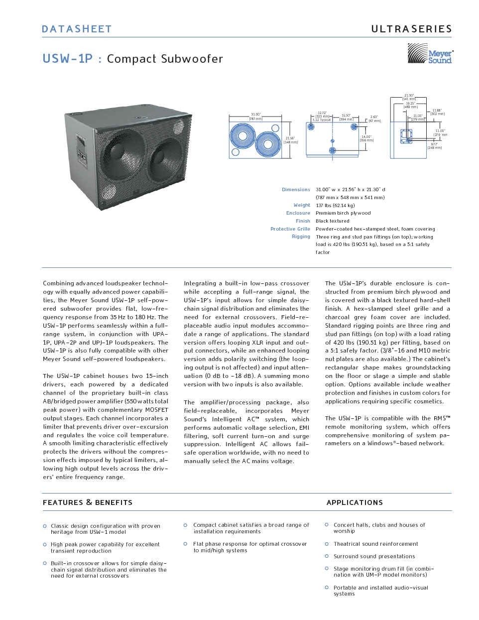 Meyer Sound USW-1P — later self-powered P variant, manufacturer datasheet