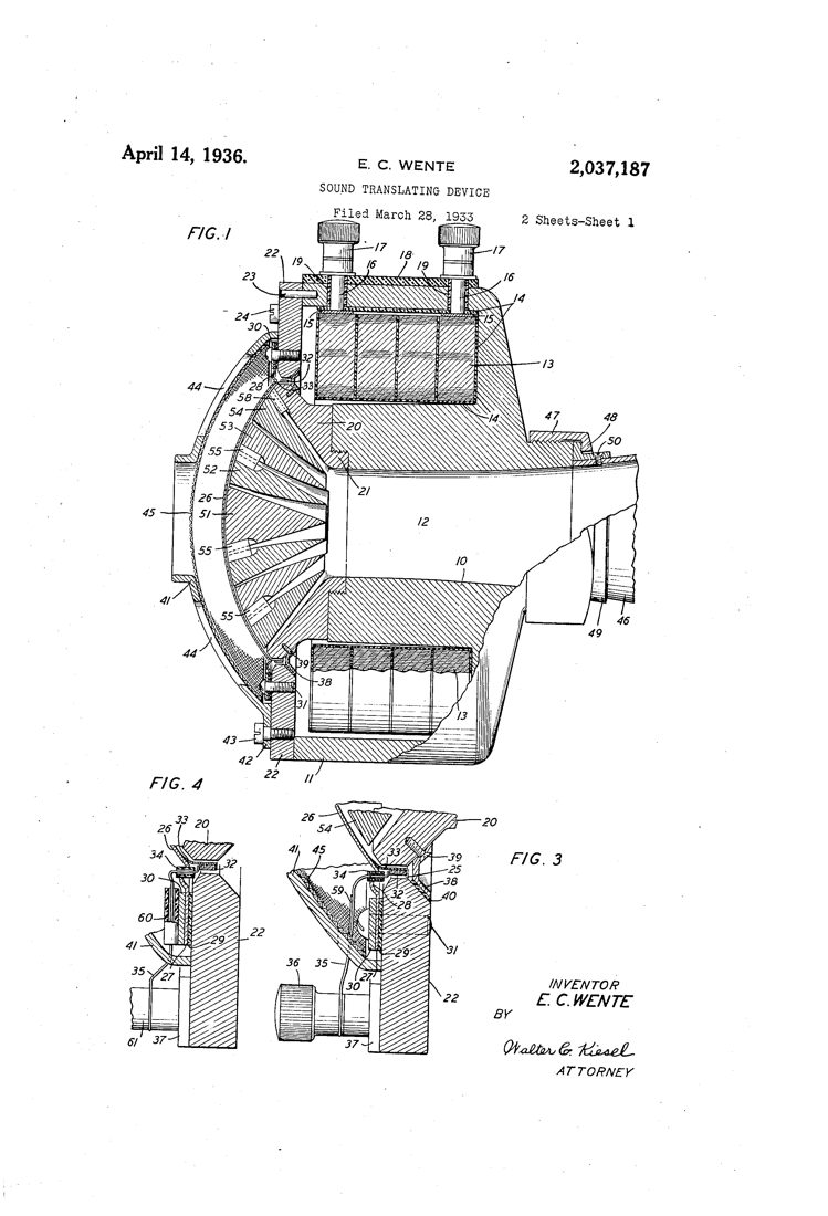 US patent 2,037,187 (1936): sound translating device, the compression-driver design of the 594-A era