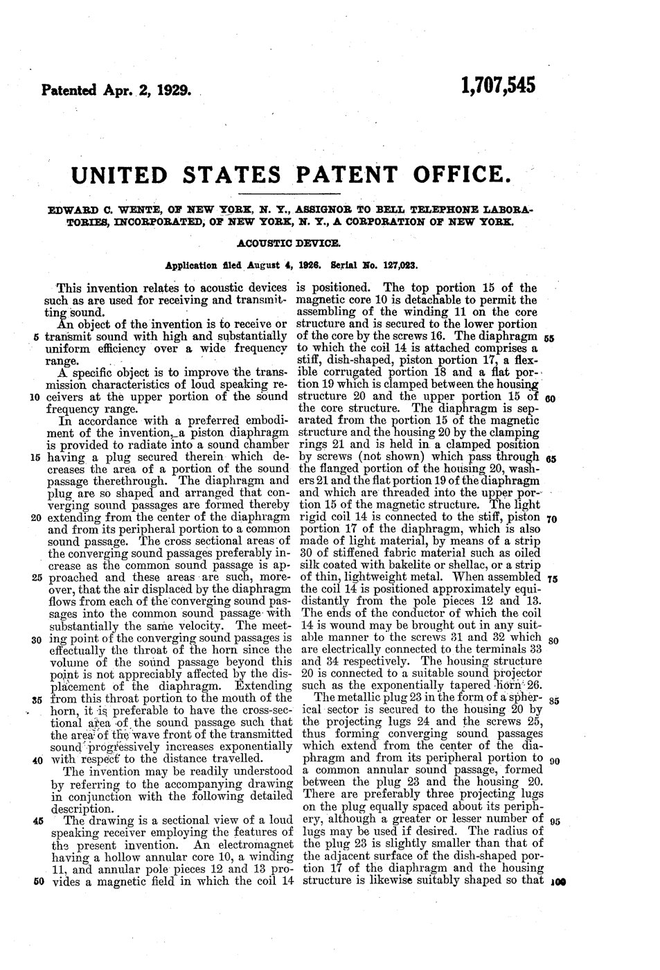 Patent drawing for the Western Electric No. 555 receiver used with the 13-A horn