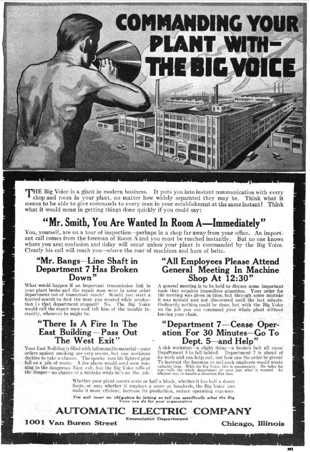 1918 advertisement for the Automatic Enunciator public address system