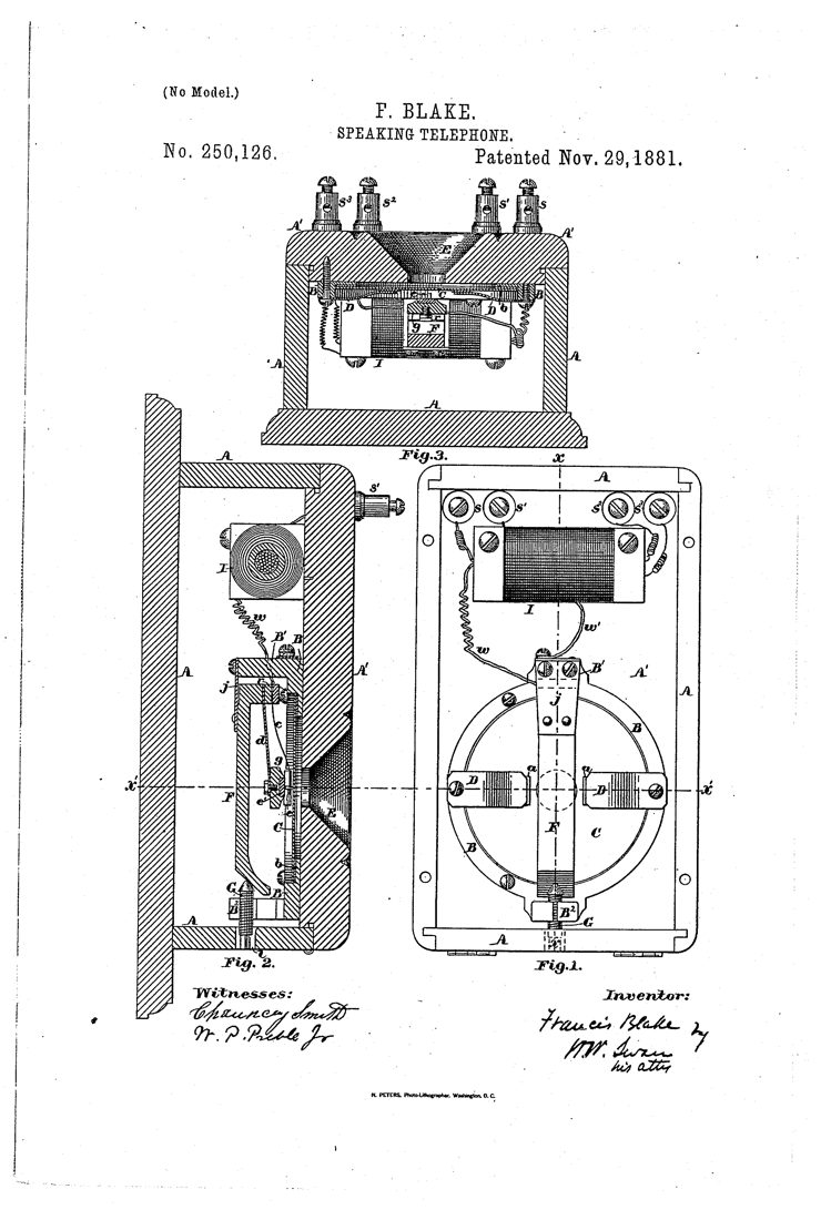 US patent 250,126 (1881): speaking-telephone (Blake transmitter)