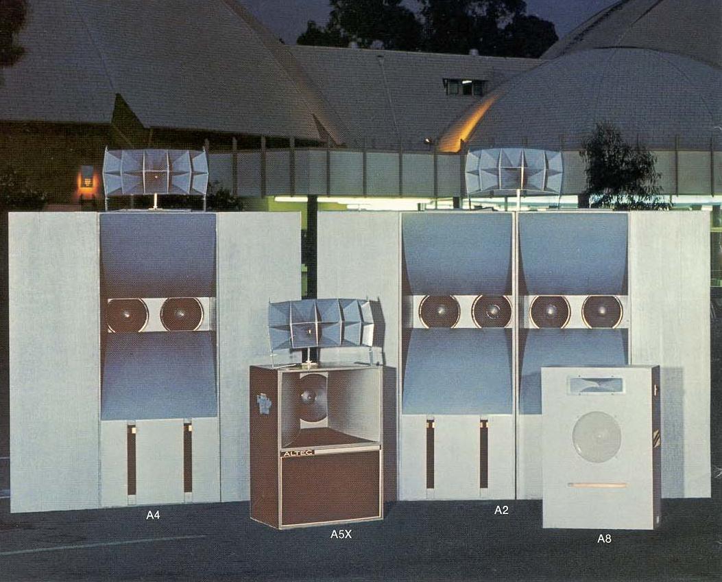 Altec Voice of the Theatre catalogue family photograph — A4, A2, A5 and A8 variants, circa 1978
