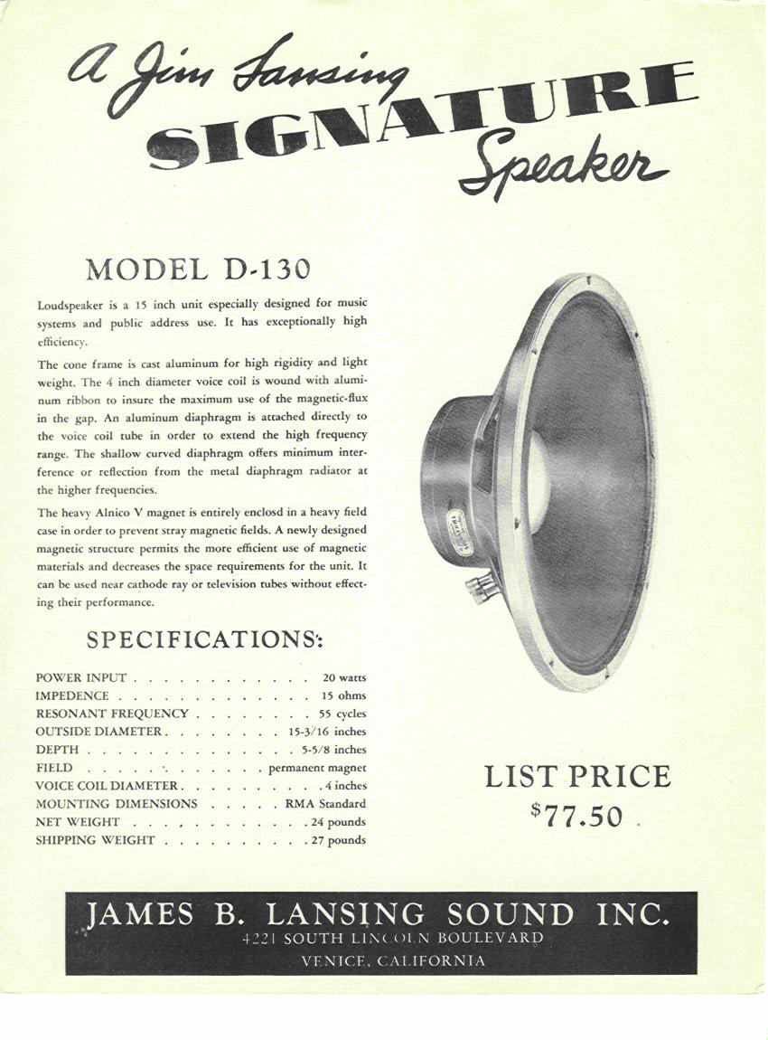 Original flyer for JBL D130 loudspeaker, circa 1948.
