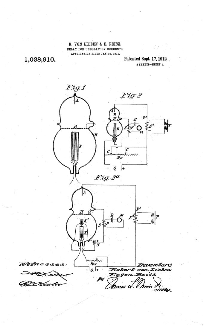 US patent 1,038,910 (1912): relay for undulatory currents (Lieben–Reisz valve)
