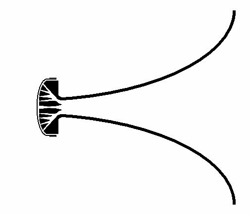 Cross-sectional diagram of a compression driver with phase plug coupled to an acoustic horn