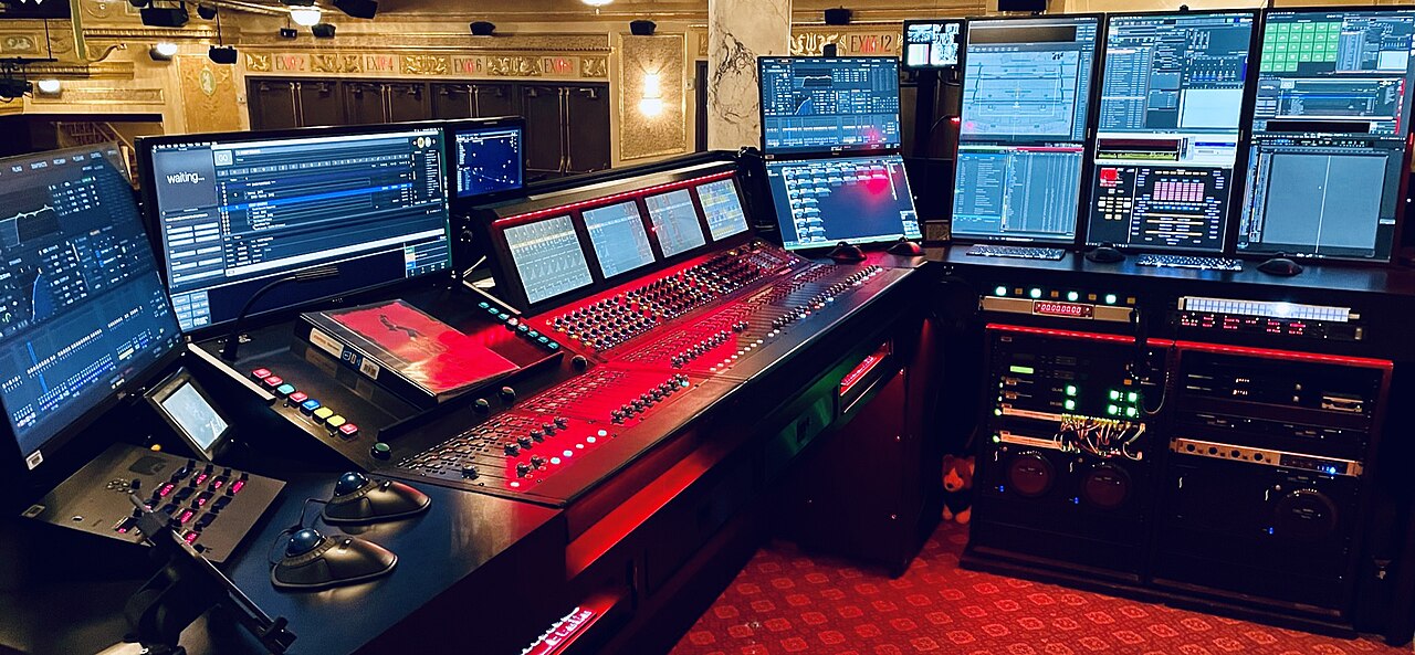 Mixing console and screens for MJ The Musical