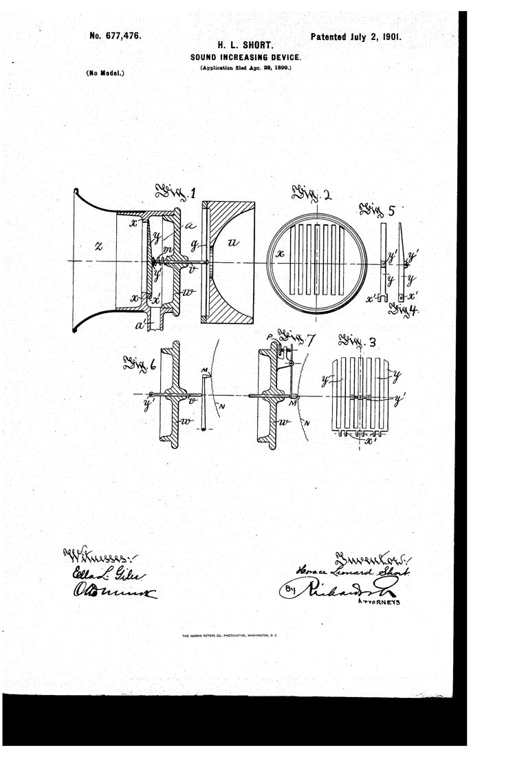 US patent 677,476 (1901): sound-increasing device, the compressed-air amplifier later developed as the Auxetophone